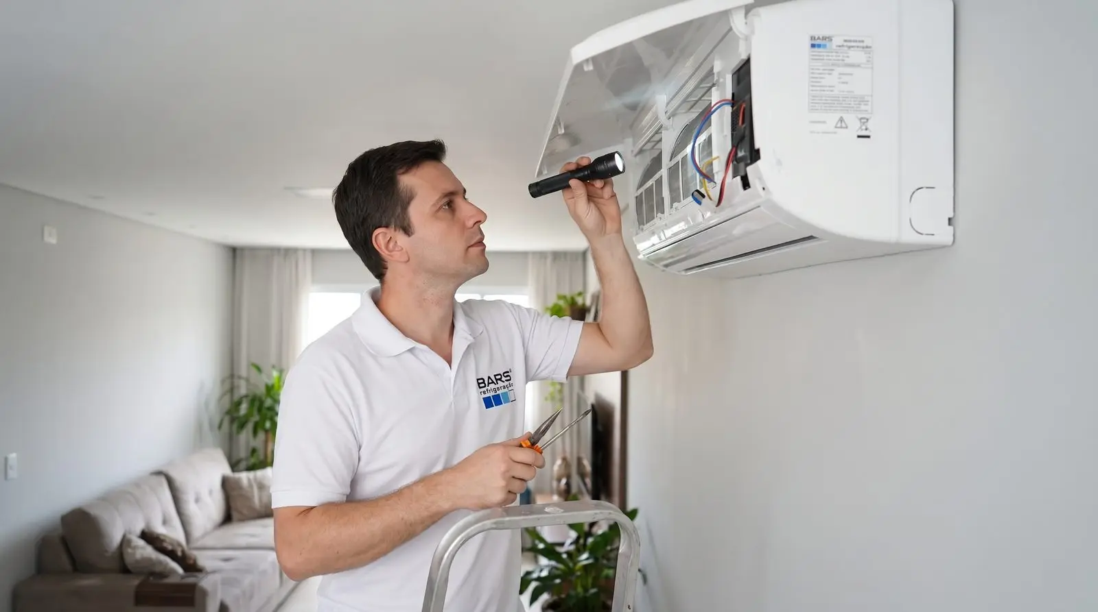 Técnico da Refrigeração Bars atendendo um ar condicionado split