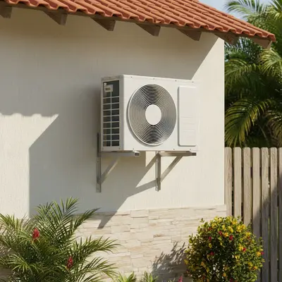 Unidade externa de ar condicionado fixada em suporte na parede de uma casa