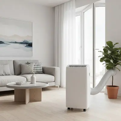 Ar condicionado portátil com mangueira de exaustão em uma sala