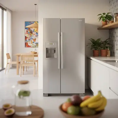 Geladeira inox side by side com dispenser de água em uma cozinha clara