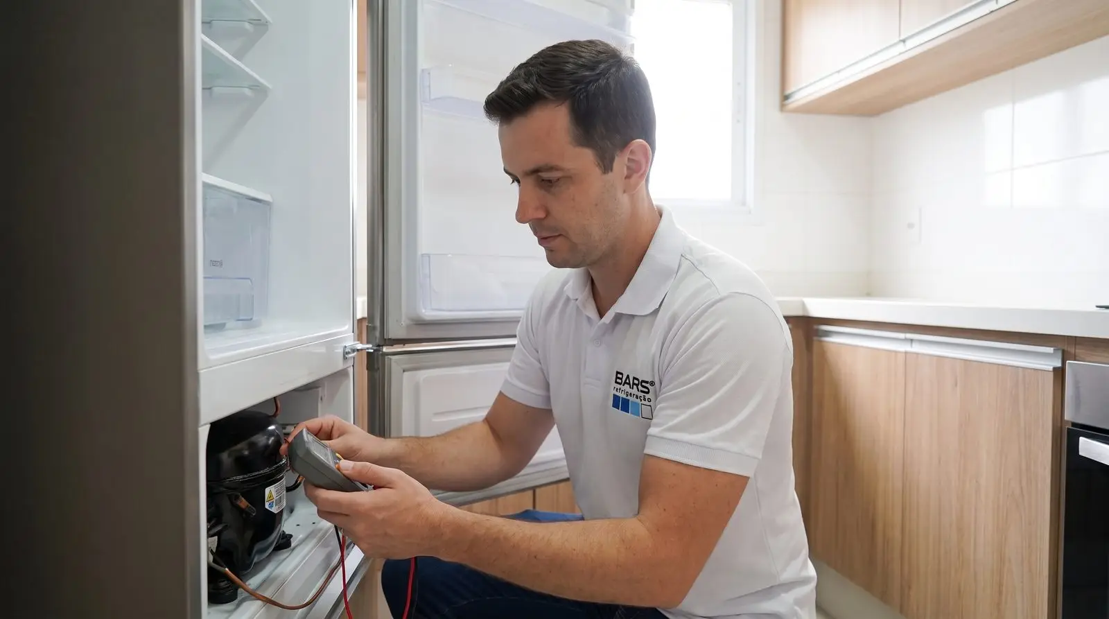 Técnico da Refrigeração Bars fazendo o conserto de uma geladeira