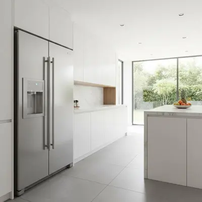 Geladeira inox de duas portas com dispenser de gelo em cozinha ampla