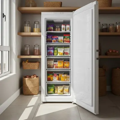 Freezer vertical aberto com alimentos congelados organizados nas prateleiras