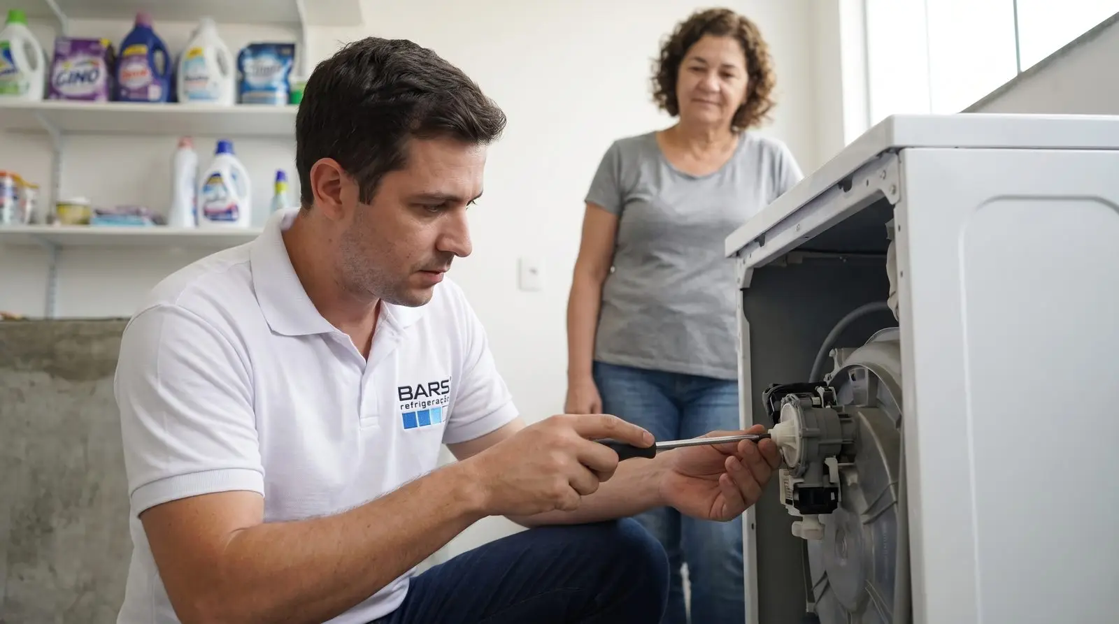 Técnico da Refrigeração Bars fazendo o conserto de uma máquina de lavar