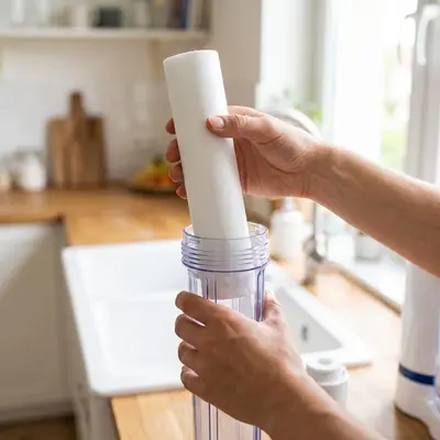 Mãos trocando o elemento filtrante de um purificador de água