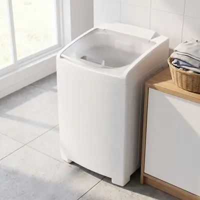 Tanquinho de tampa superior ao lado de um cesto de roupas