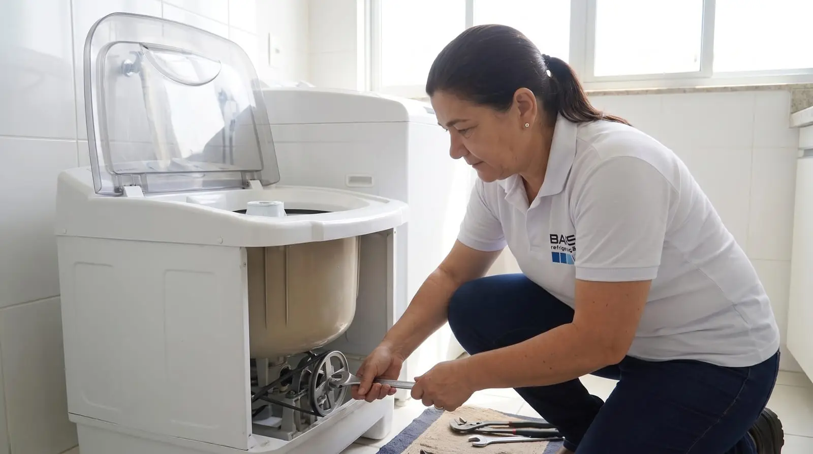 Técnico da Refrigeração Bars fazendo o conserto de um tanquinho